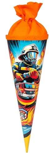 goldbuch 93 160 Geschwistertüte Feuerwache, Schultüte mit Feuerwehr-Motiv, Lackkarton, Geschenkverpackung mit orangenem Filzverschluss (ohne Verschlussband), Zuckertüte rund, Länge 35 cm, Ø 11,5 cm