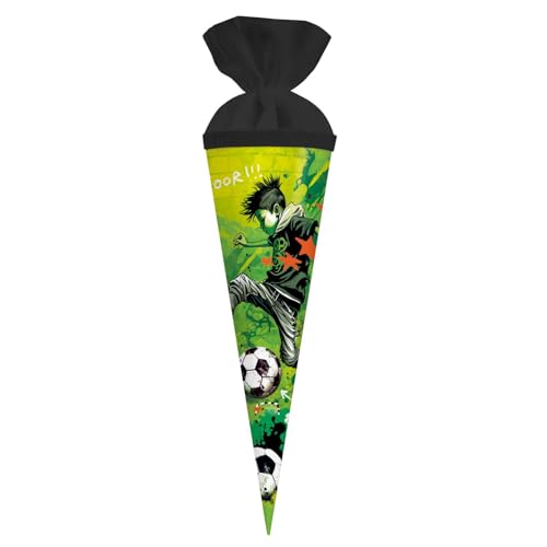 goldbuch 93 133 Geschwistertüte Stürmer, Schultüte mit Fußballer-Motiv, Lackkarton, Geschenkverpackung, schwarzer Filzverschluss (ohne Verschlussband), Zuckertüte rund, Länge 35 cm, Ø 11,5 cm, Grün