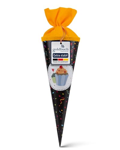 goldbuch 93 214 Geschwistertüte Konfetti, Schultüte mit Muffin-Motiv, Lackkarton, Geschenkverpackung, gelber Filzverschluss (ohne Verschlussband), Zuckertüte rund, Länge 35 cm, Ø 11,5 cm, Schwarz
